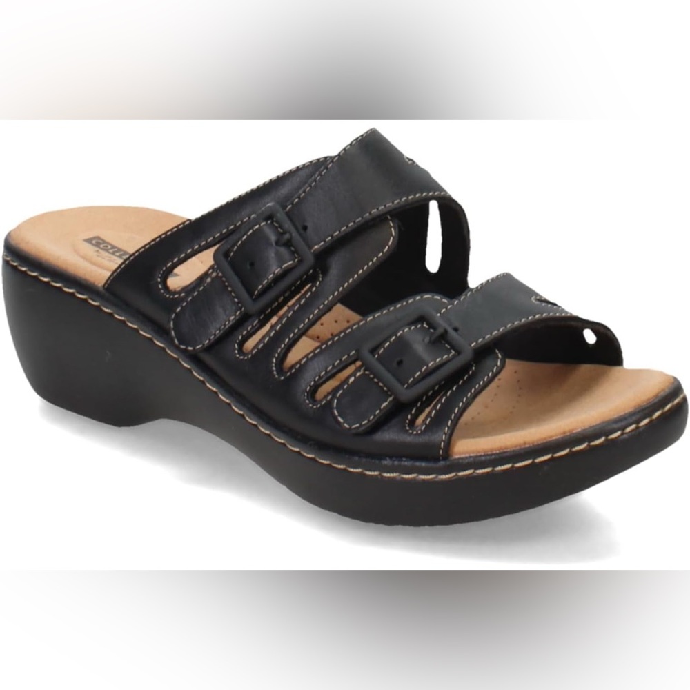 Clarks Black Leather Double Buckle Wedge Sandals